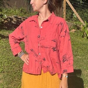 Chico's Coral Graphic Print Linen Shirt